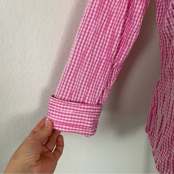 Foxcroft Fitted Gingham Pleated Crinkle Button Up Shirt Women’s 4 Pink Collared - Picture 13 of 16